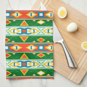 Stripes and geometric shapes green orange white tea towel