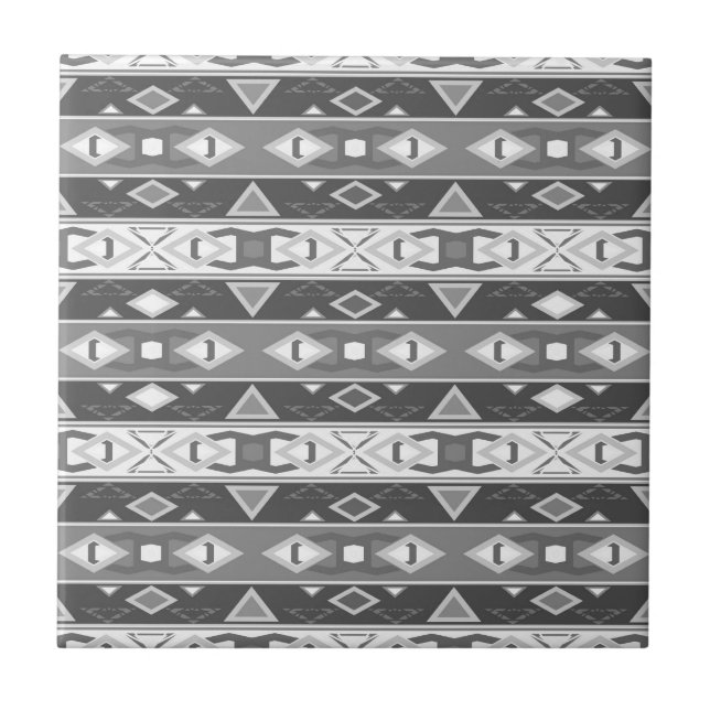 Stripes and geometric shapes grey white ceramic tile (Front)