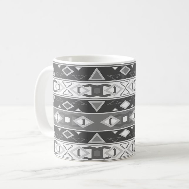 Stripes and geometric shapes grey white coffee mug (Front Left)
