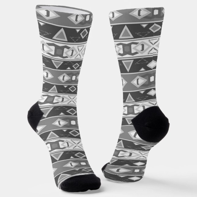 Stripes and geometric shapes grey white socks (Angled)