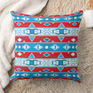 Stripes and geometric shapes of red blue white cushion