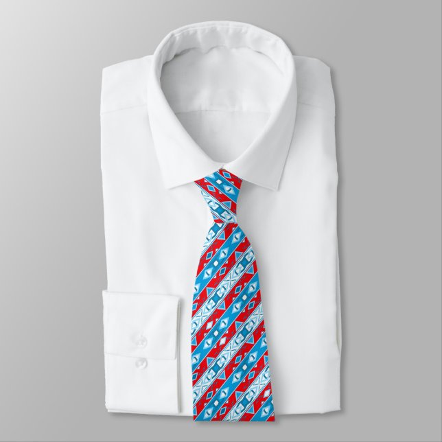 Stripes and geometric shapes of red blue white tie (Tied)