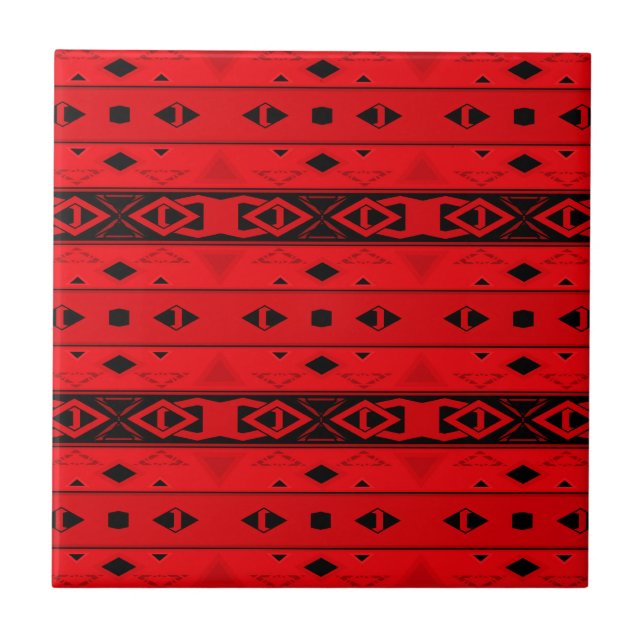 Stripes and geometric shapes red black ceramic tile (Front)