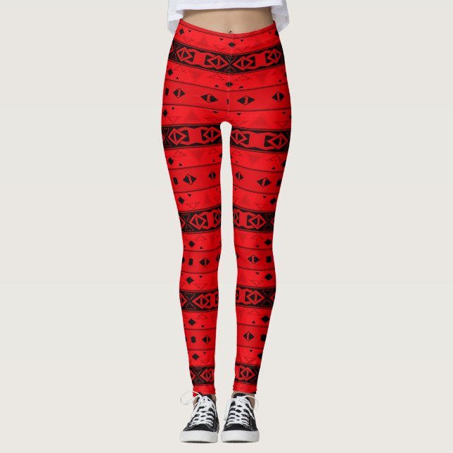 Stripes and geometric shapes red black leggings (Front)
