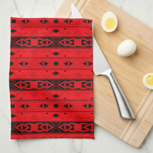 Stripes and geometric shapes red black tea towel