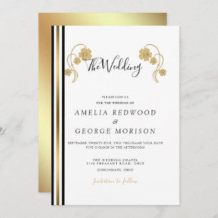 Stripes And Gold Flowers Wedding Invitation