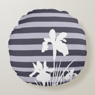 Stripes and Iris Flowers Silhouette  Round Cushion