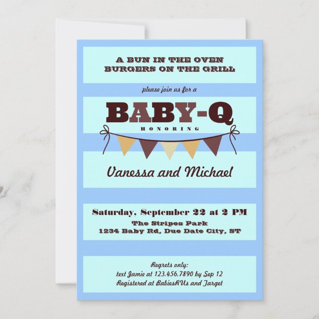 Stripes and Pennant Baby Q Invitation (Front)