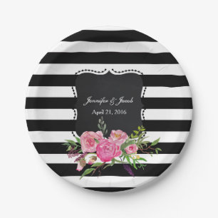 Stripes and Peonies Wedding Paper Plate