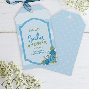 Stripes and Roses Blue Boy Baby Shower Gift Tags