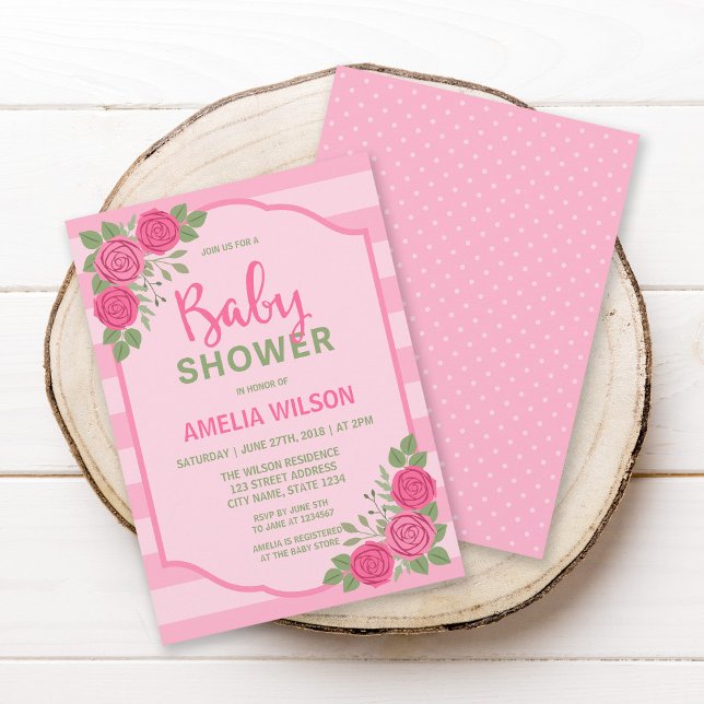 Stripes and Roses Pink Girl Baby Shower Invitation (Creator Uploaded)