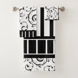 Stripes and Swirls Black and White  Bath Towel Set