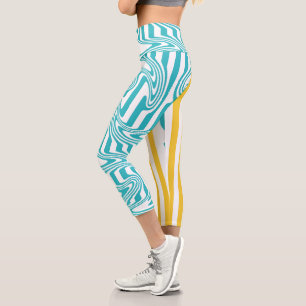 Stripes and Swirls in Turquoise and Yellow Capri Leggings