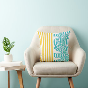 Stripes and Swirls in Turquoise and Yellow Cushion