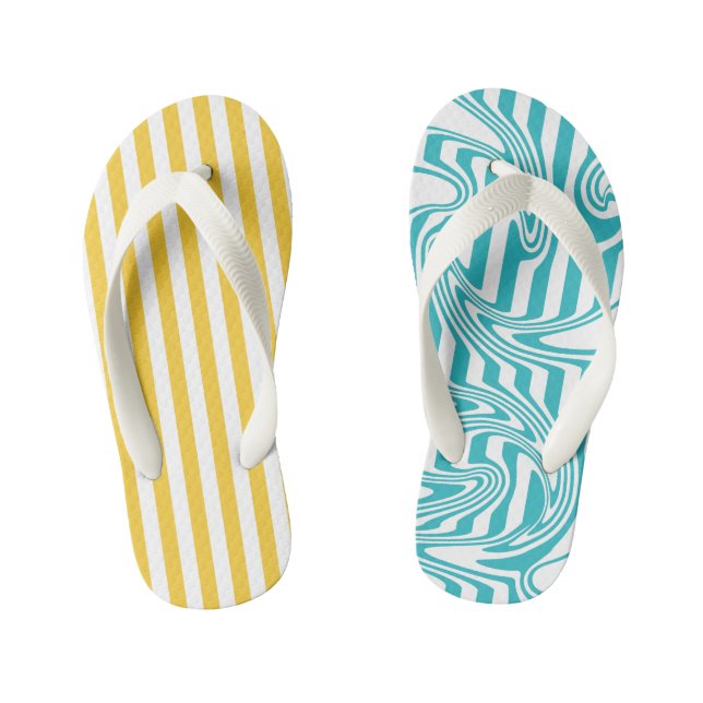 Stripes and Swirls in Turquoise and Yellow Kid's Thongs (Footbed)