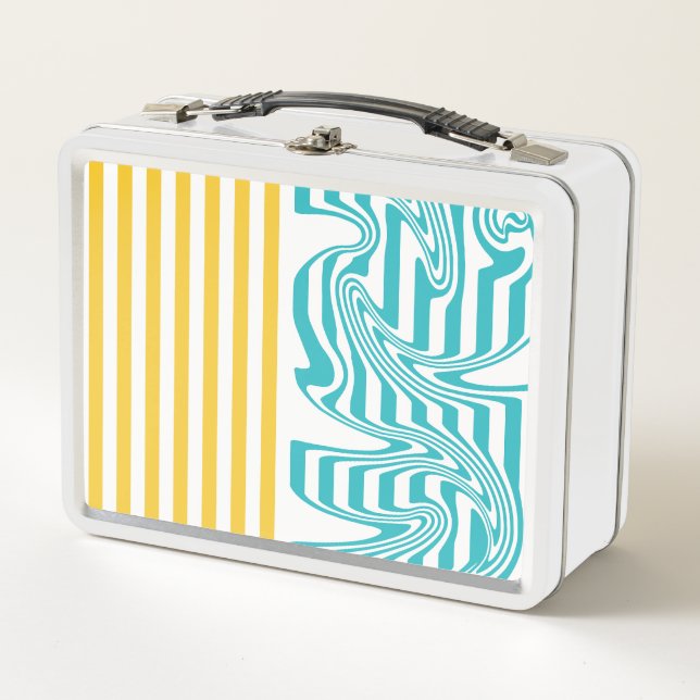Stripes and Swirls in Turquoise and Yellow Metal Lunch Box (Front)