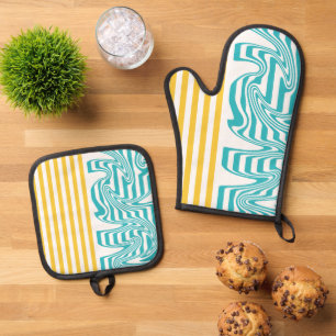 Stripes and Swirls in Turquoise and Yellow Oven Mitt & Pot Holder Set