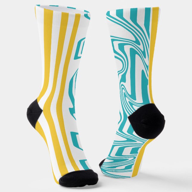 Stripes and Swirls in Turquoise and Yellow Socks (Angled)