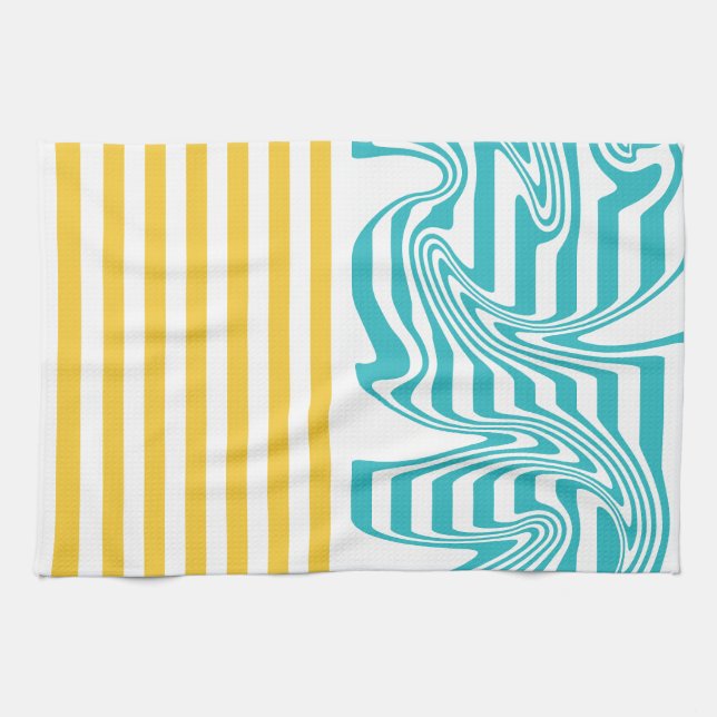 Stripes and Swirls in Turquoise and Yellow Tea Towel (Horizontal)