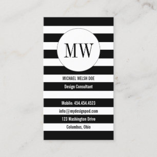 Stripes Black and White with Monogram Initials Business Card
