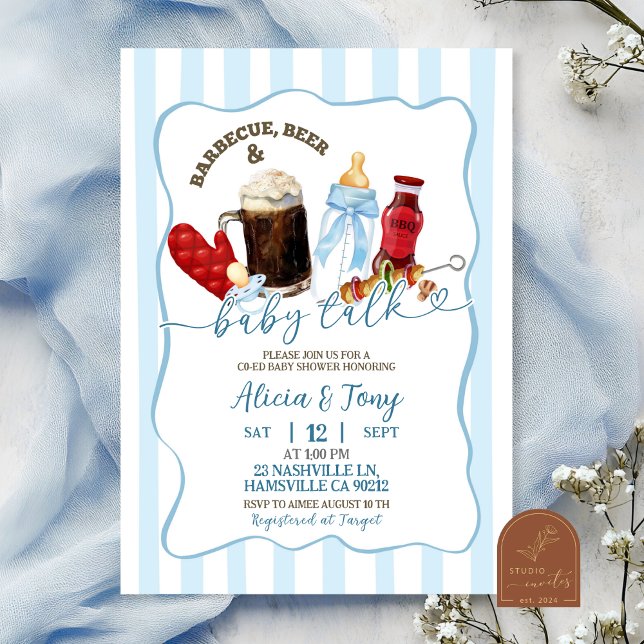 Stripes Blue BBQ Diapers and Brews Boy Baby Shower Invitation (Creator Uploaded)
