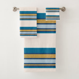 Stripes Blue, Grey, Gold on Linen Bath Towel Set