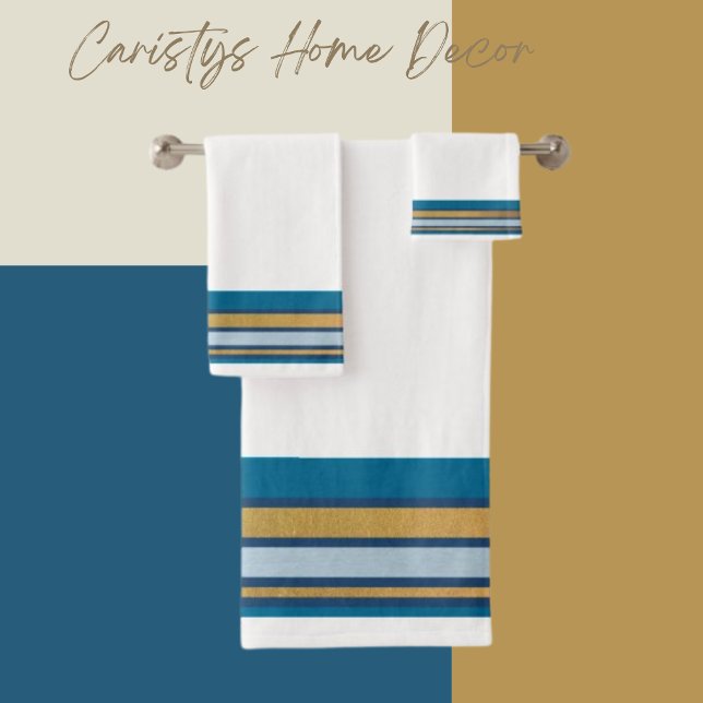 Stripes Blue, Grey, Gold on White Bath Towel Set (Creator Uploaded)