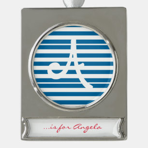 Stripes   Blue & White   Customisable   Silver Plated Banner Ornament
