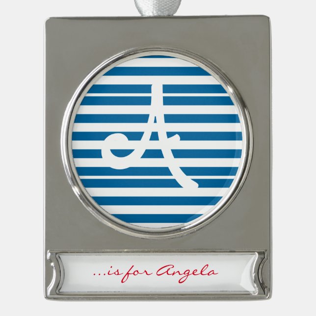 Stripes | Blue & White | Customisable | Silver Plated Banner Ornament (Front)