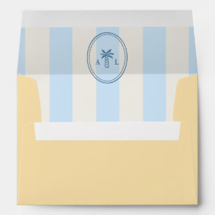 Stripes Blue & Yellow Palm Tree Monogram Wedding Envelope