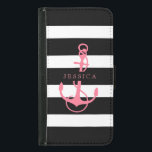 Stripes & Boat Anchor In Black White & Pink Samsung Galaxy S5 Wallet Case<br><div class="desc">Elegant black on white stripes pattern whit pink colour nautical boat anchor illustration. Customisable monogram.</div>