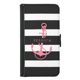 Stripes & Boat Anchor In Black White & Pink Samsung Galaxy S5 Wallet Case