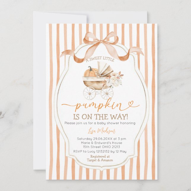 Stripes Bow Sweet Little Pumpkin Baby Shower Invitation (Front)