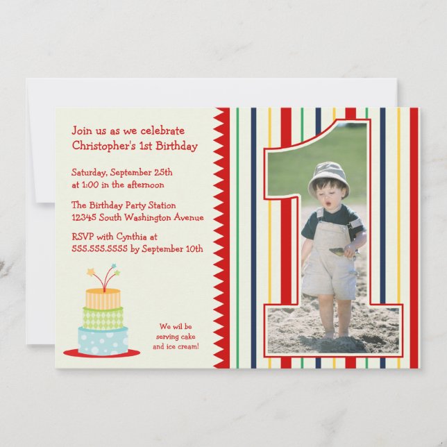 Stripes boy's photo 1st birthday party invitation (Front)