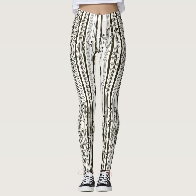 Stripes - BW with bells and teapots Leggings (Front)