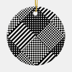 Stripes Check Harlequin Polka Dots Mixed Design Ceramic Ornament