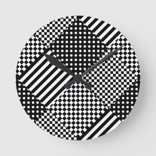 Stripes Check Harlequin Polka Dots Mixed Design Round Clock (Front)