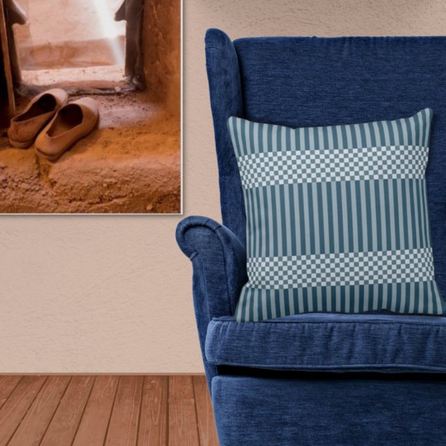 Stripes & Chequered In Shades Of Blue Throw Pillow (Creator Uploaded)
