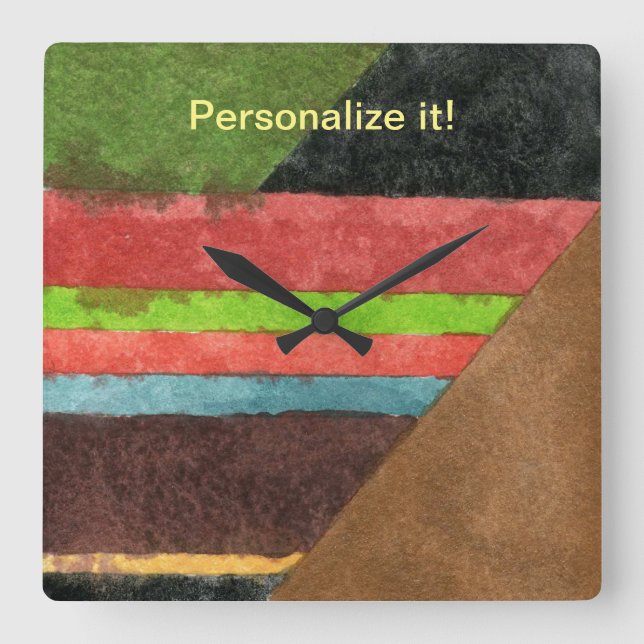 Stripes, chevrons, triangles in green red brown square wall clock (Front)