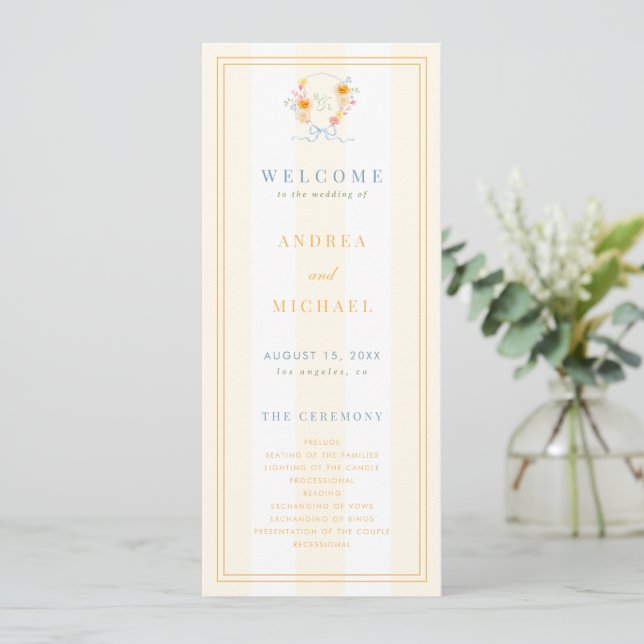 Stripes Floral Crest Monogram & Bow Spring Wedding Program (Standing Front)