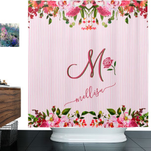 Stripes Floral Garden Pink Custom Monogram Name  Shower Curtain