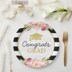 Stripes Floral Gold Congrats Grad Graduation Party Paper Plate