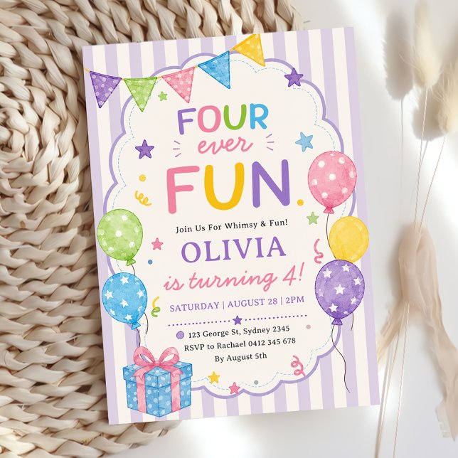 Stripes Four Ever Fun Colourful Birthday Invitation (Creator Uploaded)