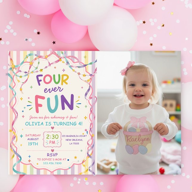 Stripes Four Ever Fun Colourful Birthday Invitation (Creator Uploaded)
