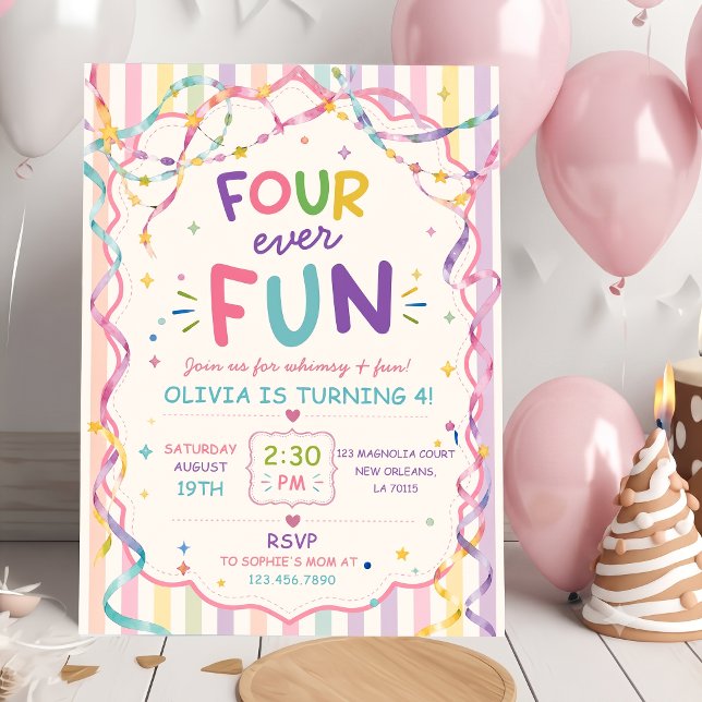 Stripes Four Ever Fun Colourful Birthday Invitation (Creator Uploaded)
