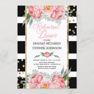 Stripes Gold Confetti Pink Floral Rehearsal Dinner Invitation