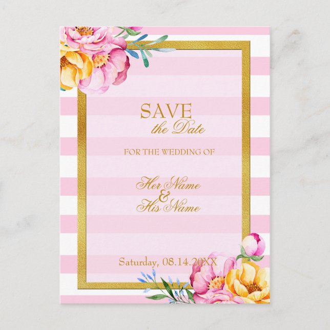 Stripes Gold Frame Flower Wedding Save the Date Announcement Postcard (Front)