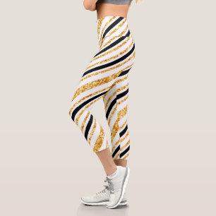 Stripes Gold Glitter Black Boho Popular Collection Capri Leggings