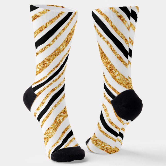 Stripes Gold Glitter Black Boho Popular Collection Socks (Angled)