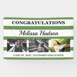 Stripes Graduation Three Photo Green White Banner